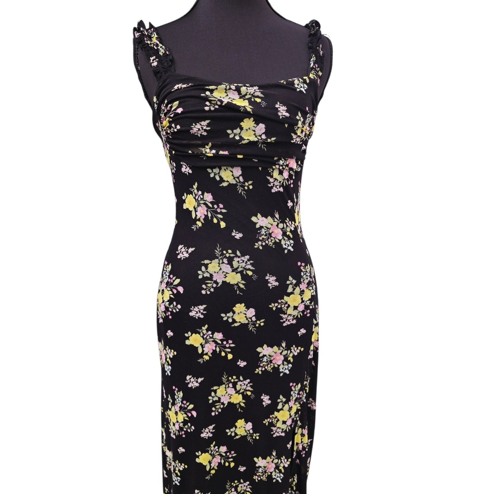 Black Floral Maxi Dress Small Cottagecore‎ Boho Ruched Bust Slit Slip Dress